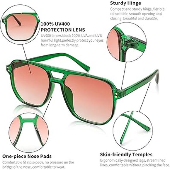 New Feisedy Womens Green Frame Brown Lens 70s Retro Square Aviator Sunglasses - Picture 3 of 6